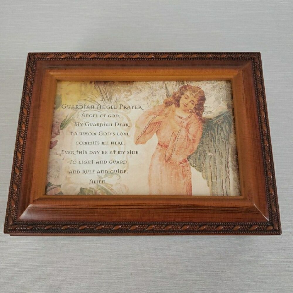 Sankyo Wood Music Jewelry Box Cottage Garden Picture Frame Lid Guardian Angel